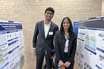 UTSW medical students Akhil Bedapudi and Mayuri Vaish present their posters at the Department of Dermatology Research Day